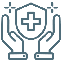 Hands holding a medical shield icon.