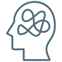 Outline of head with tangled lines inside.