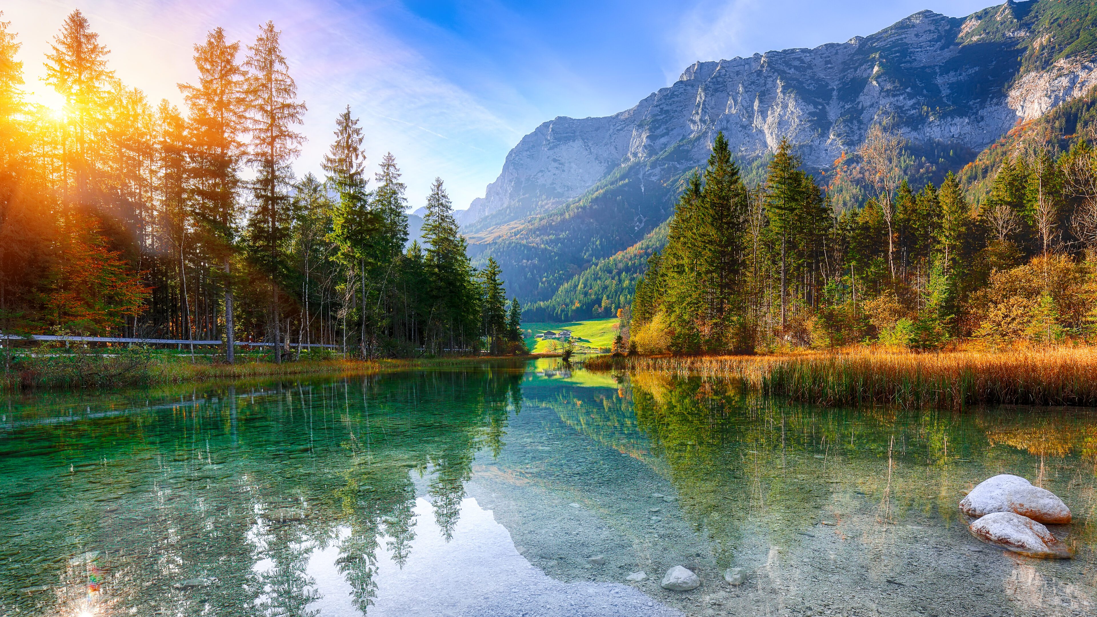 Mountain lake with trees and clear sky.