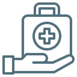 Hand holding a medical kit icon.