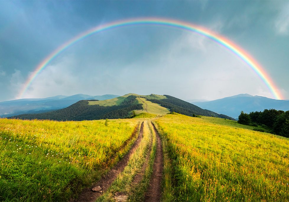 A rainbow over the top of a hill
