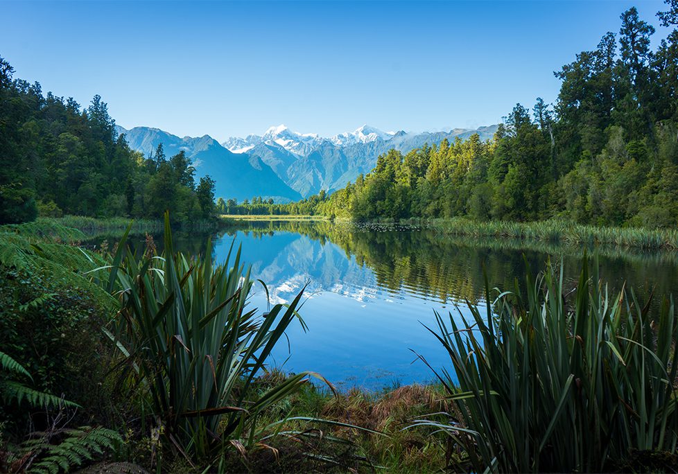 A lake with trees and mountains in the background