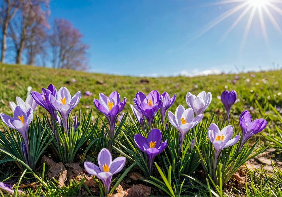 A group of purple flowers in the grass.