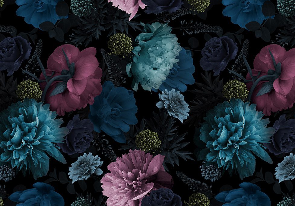 A floral pattern with purple and blue flowers.